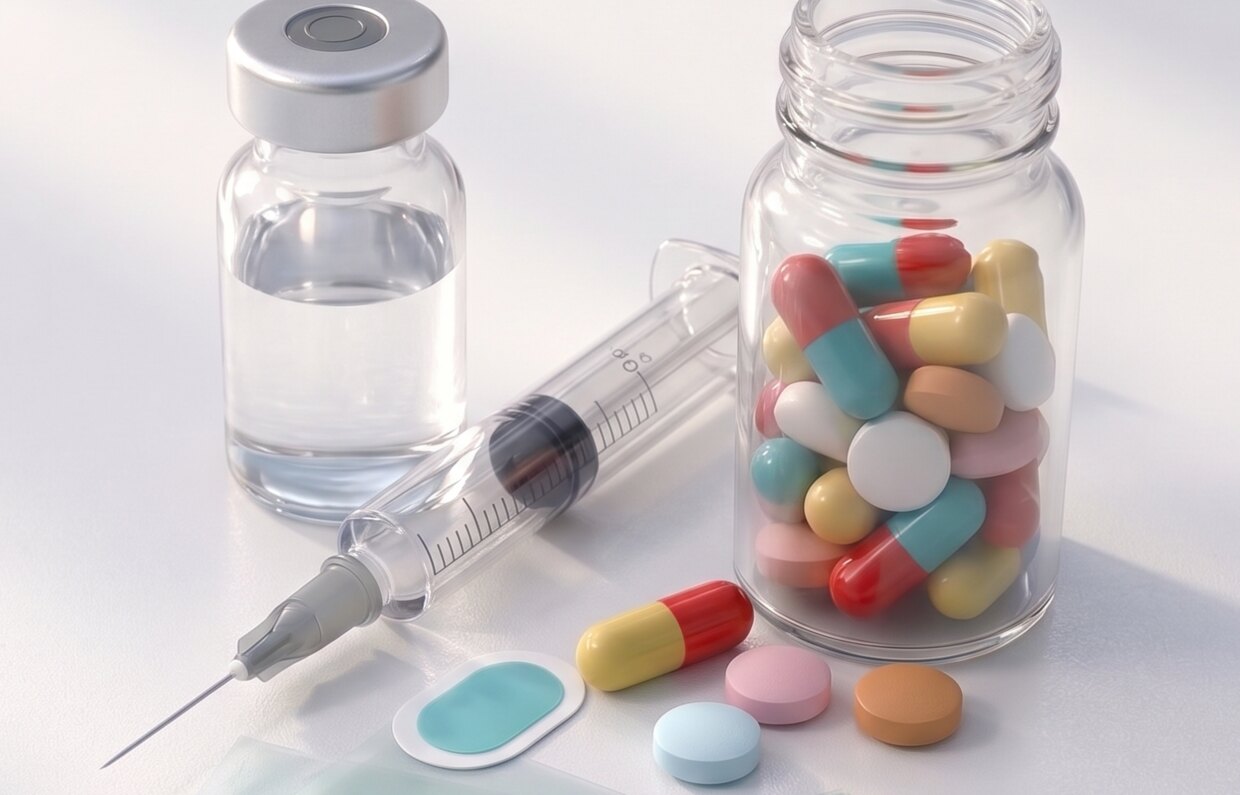 The TD-IntelGel buccal patch and buccal films shown alongside other peptide delivery formats — an injection vial and syringe, and oral capsules and tablets
